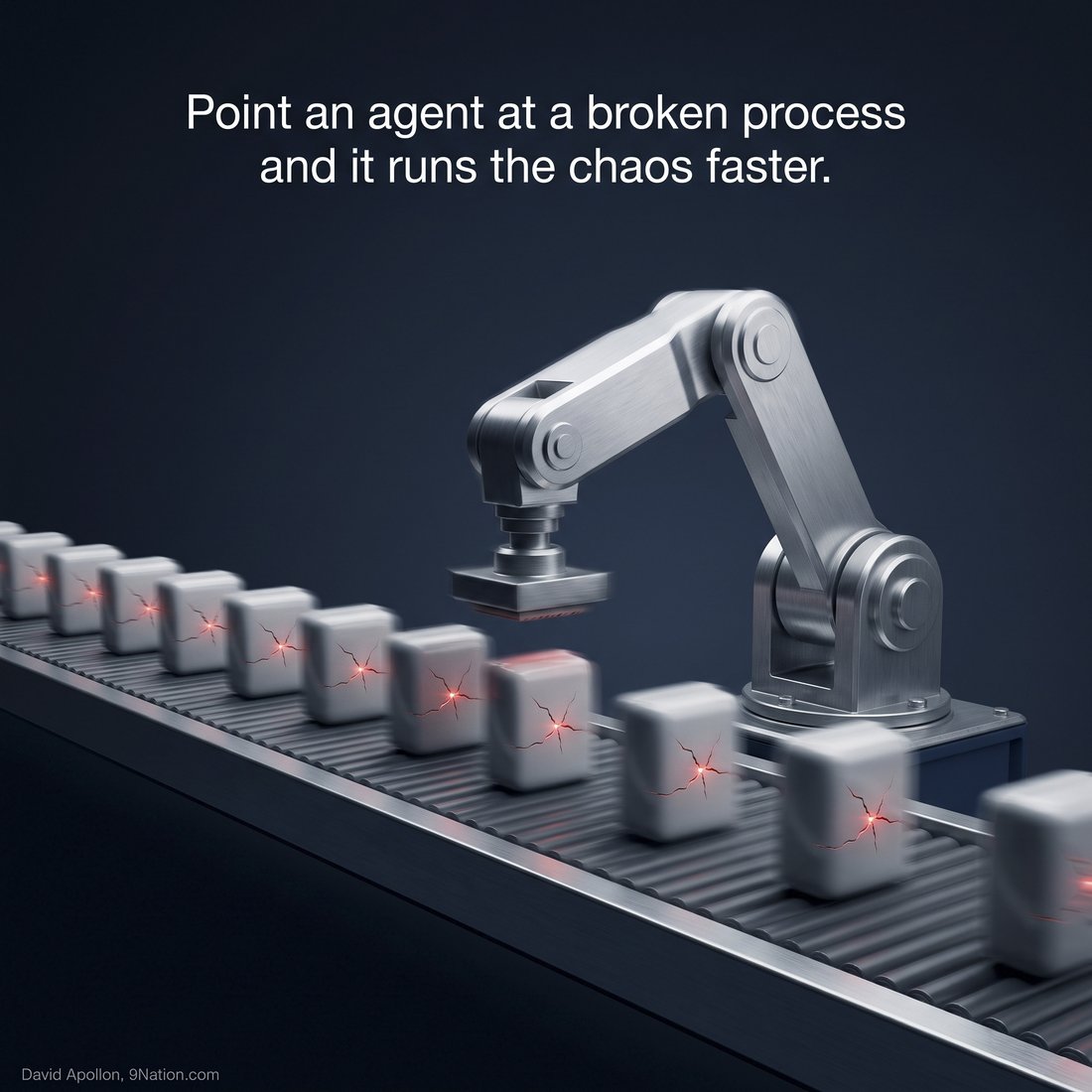A robotic arm running cracked, glowing-red boxes down a conveyor: point an agent at a broken process and it runs the chaos faster