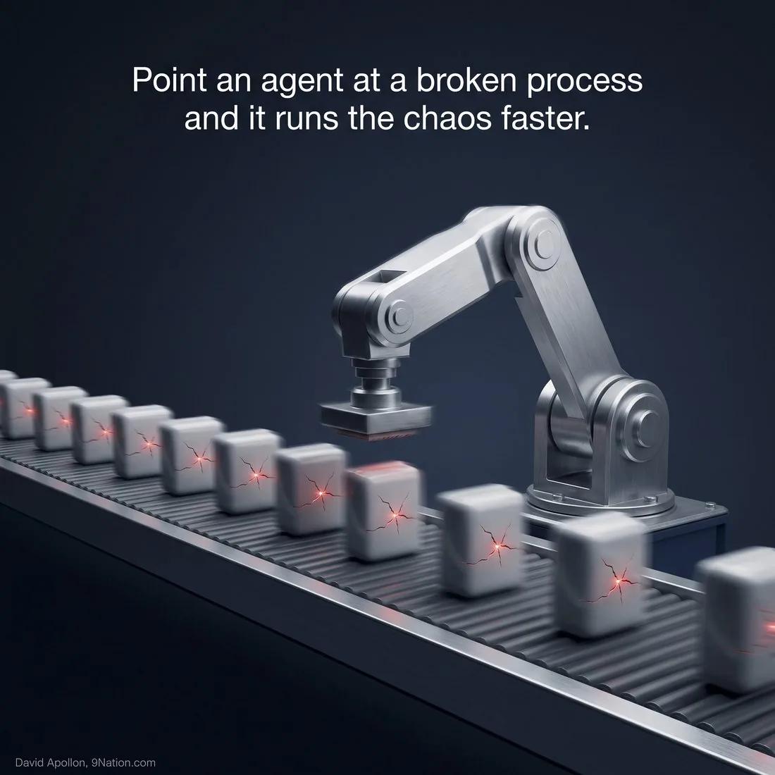 A robotic arm running cracked, glowing-red boxes down a conveyor: point an agent at a broken process and it runs the chaos faster
