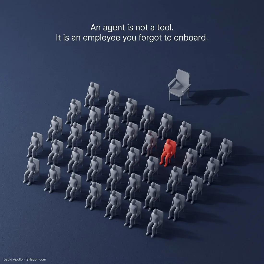 Rows of grey figures with one in red and an empty manager's chair: an agent is not a tool, it is an employee you forgot to onboard