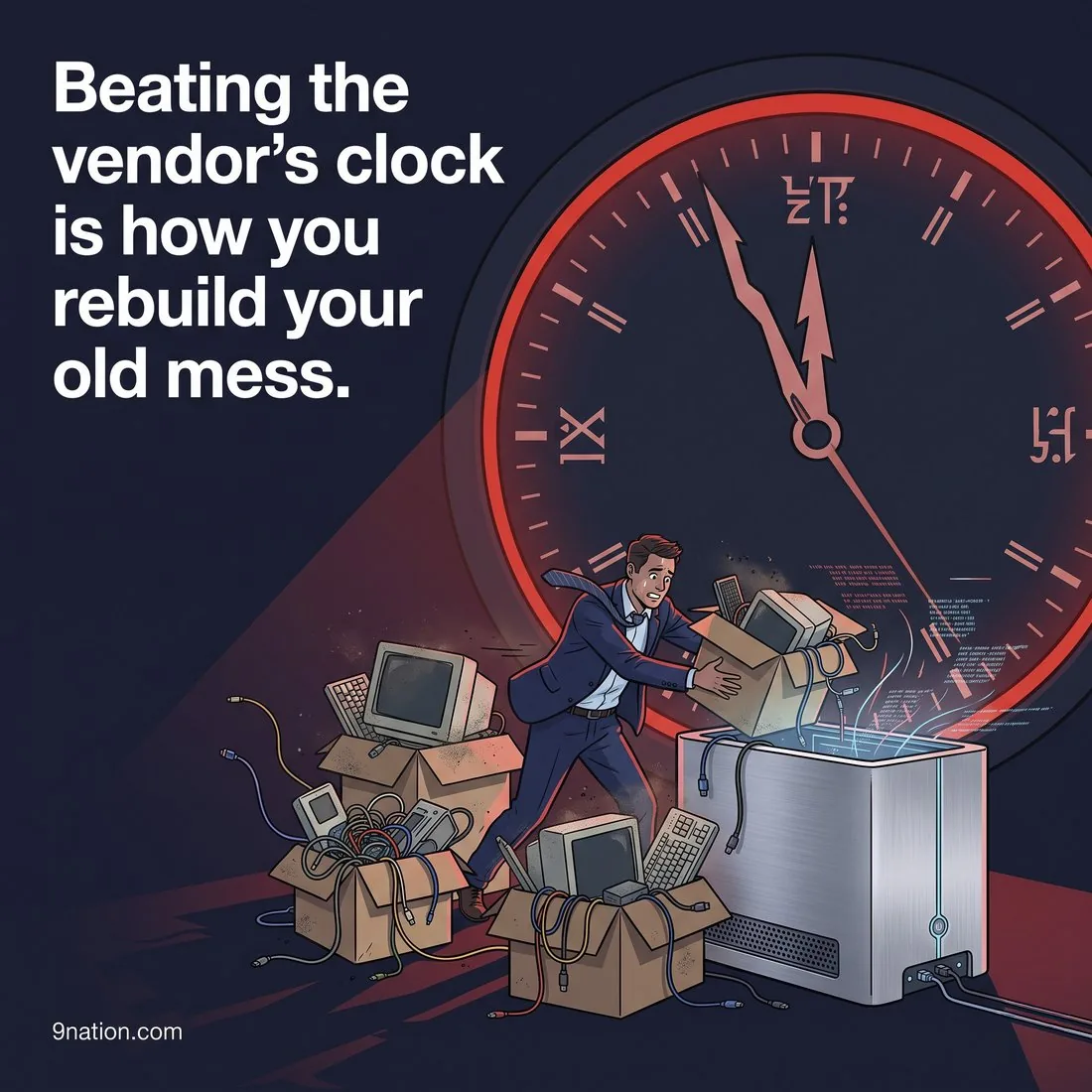 A man rushing old monitors and cables into a sleek new machine under a giant clock: beating the vendor's clock is how you rebuild your old mess