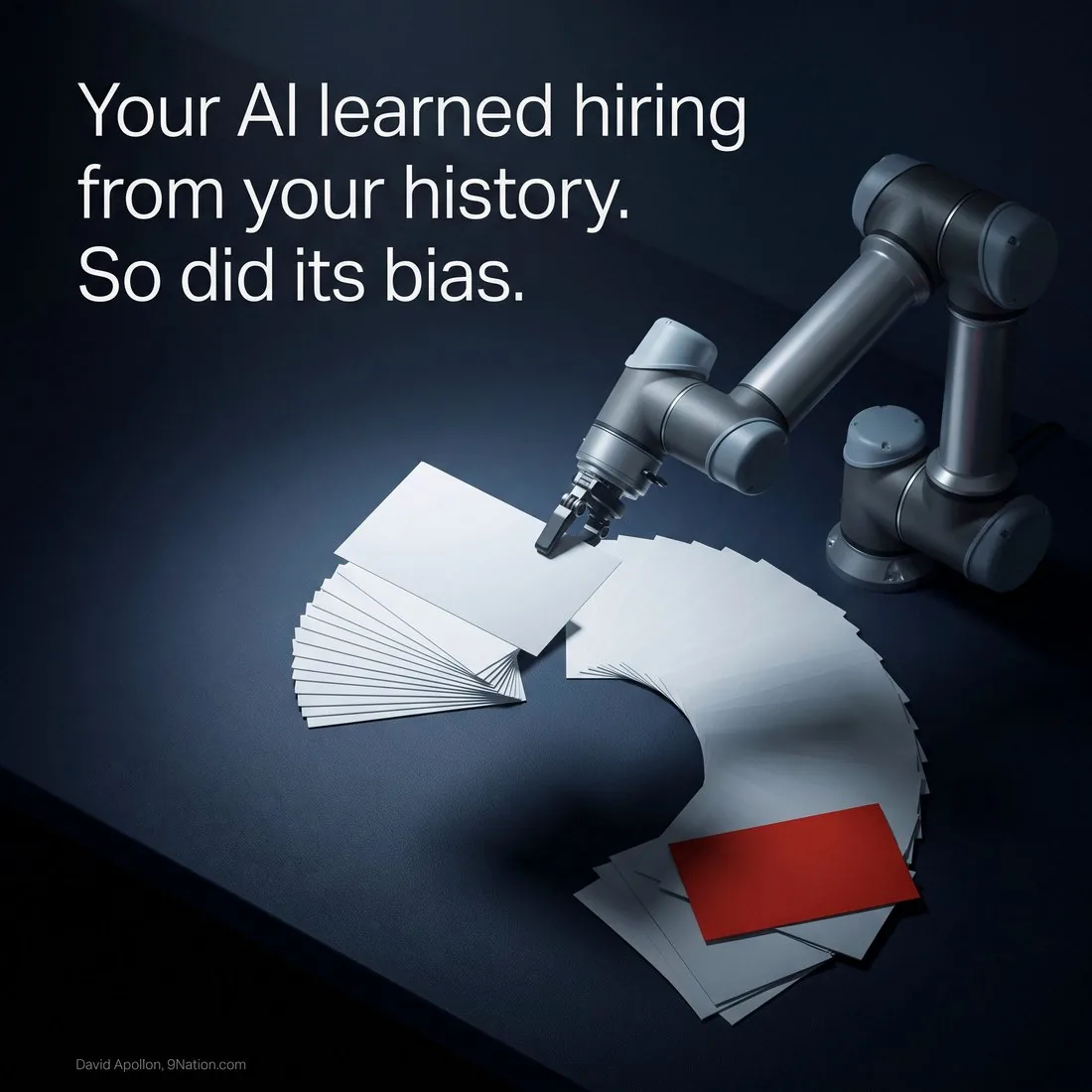 A robotic arm sorting resumes with one card pushed aside: your AI learned hiring from your history, so did its bias