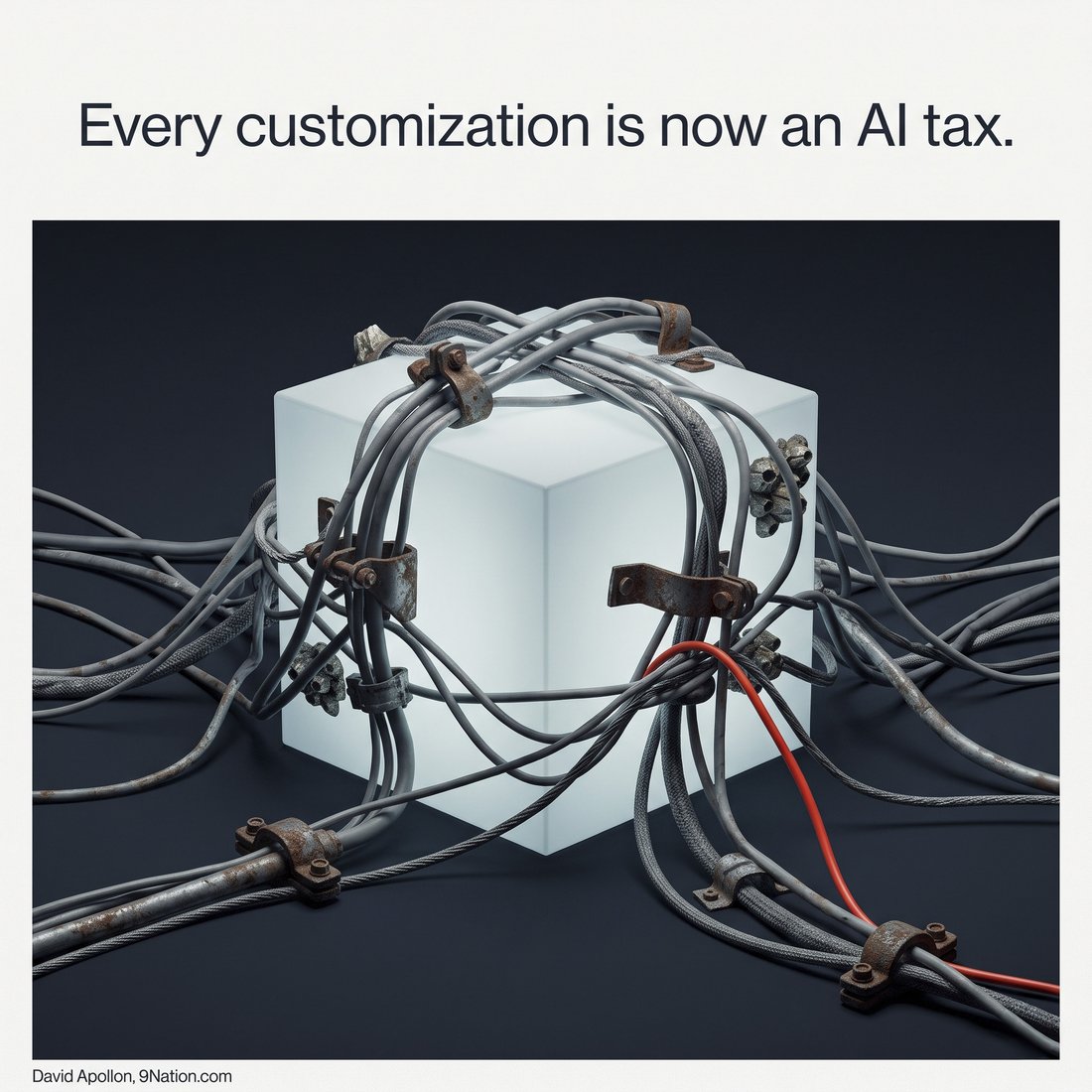 A clean glowing cube tangled in rusty cables and clamps: every customization is now an AI tax