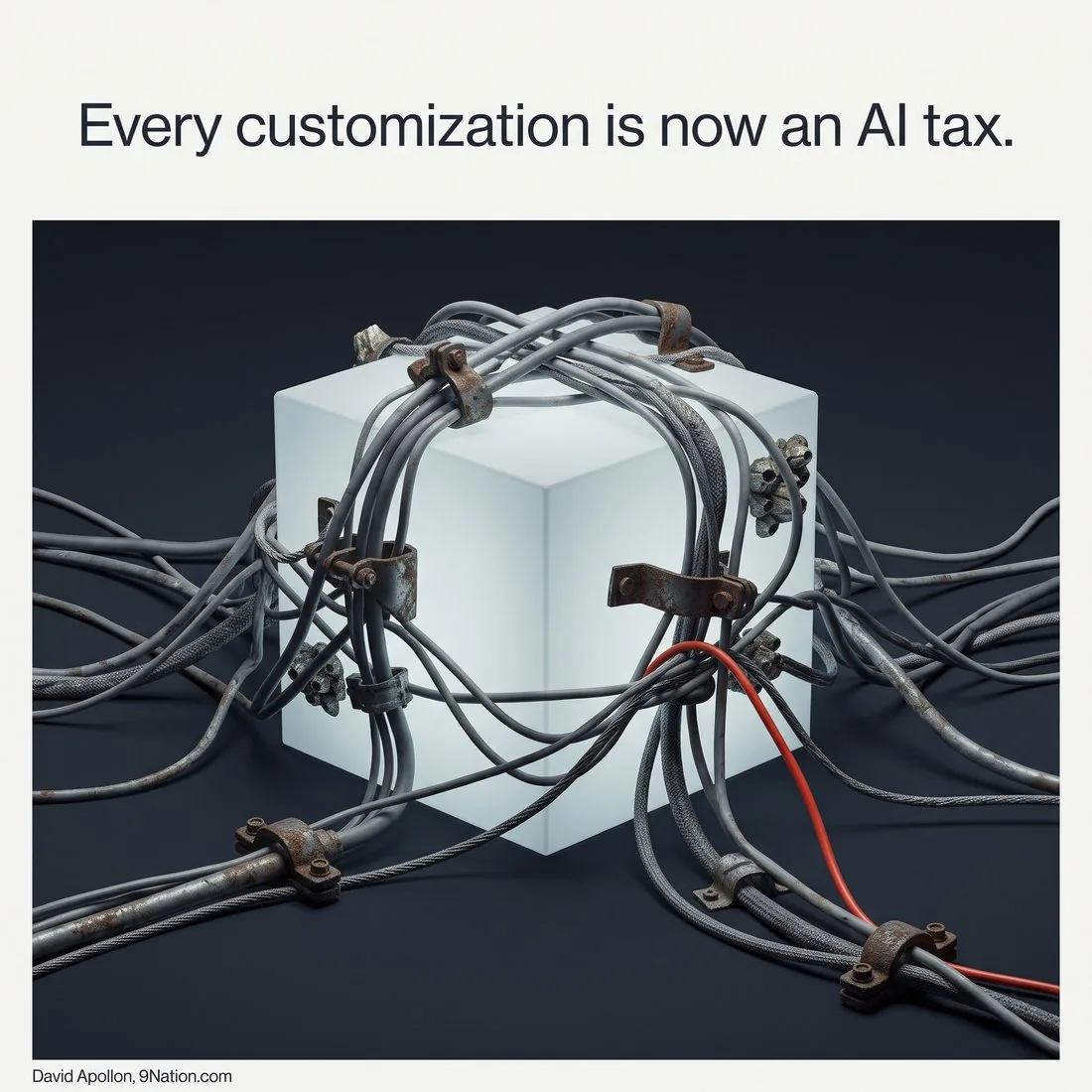 A clean glowing cube tangled in rusty cables and clamps: every customization is now an AI tax