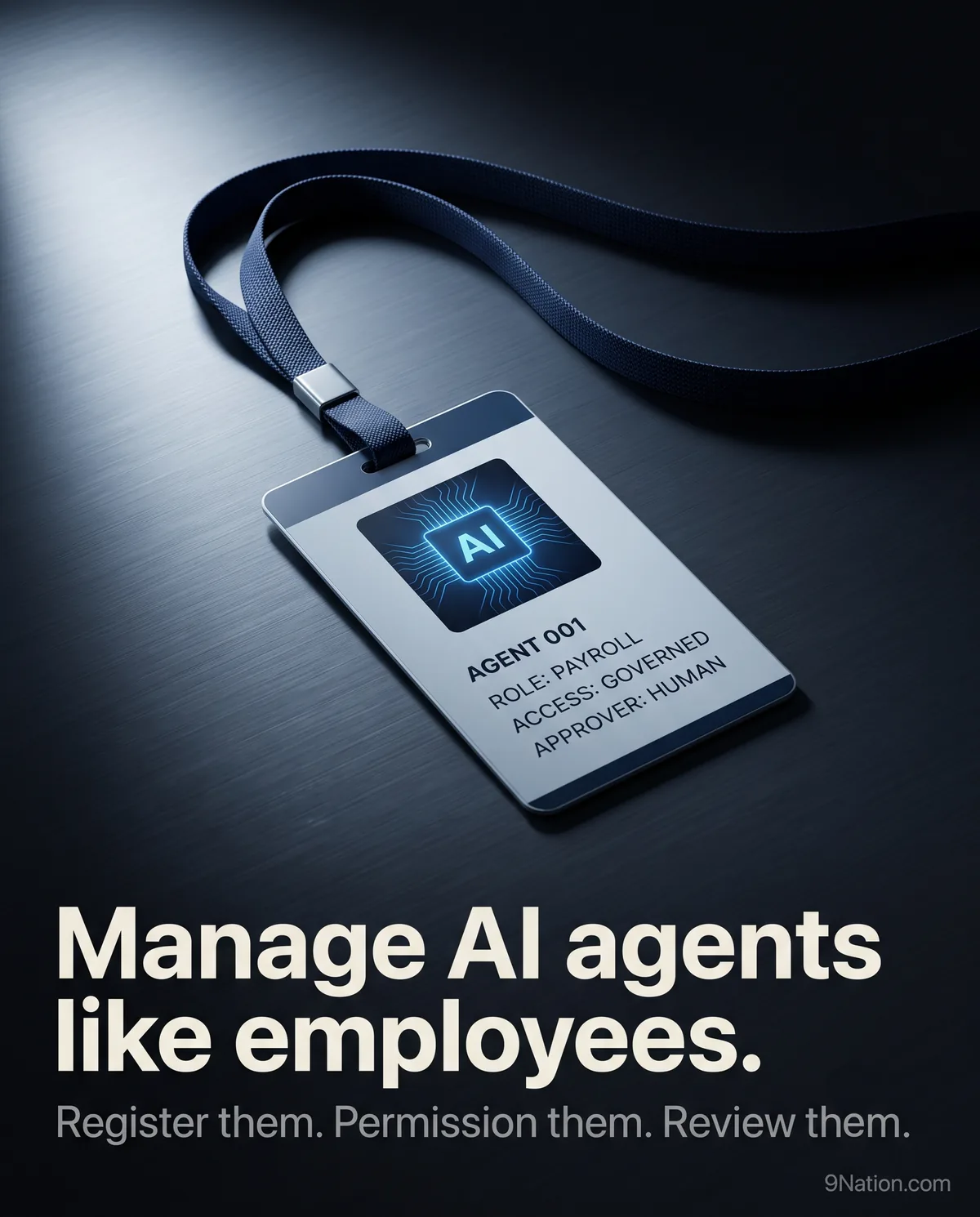 A corporate ID badge for an AI agent: Agent 001, role payroll, access governed, approver human. Manage AI agents like employees.