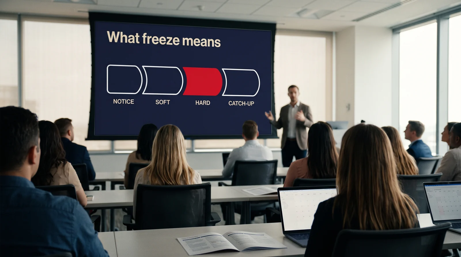 A cutover forum in session, the room watching a slide that walks the four freeze states from notice through soft and hard to catch-up