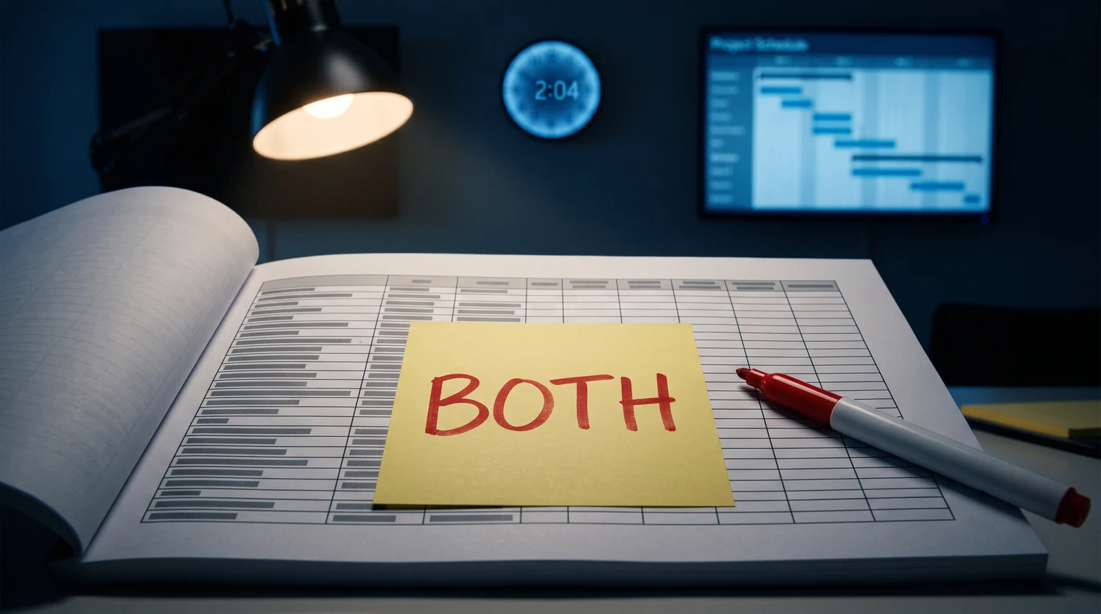 A yellow sticky note reading BOTH stuck on a printed cutover plan at two in the morning, red marker beside it, a schedule glowing on the wall behind