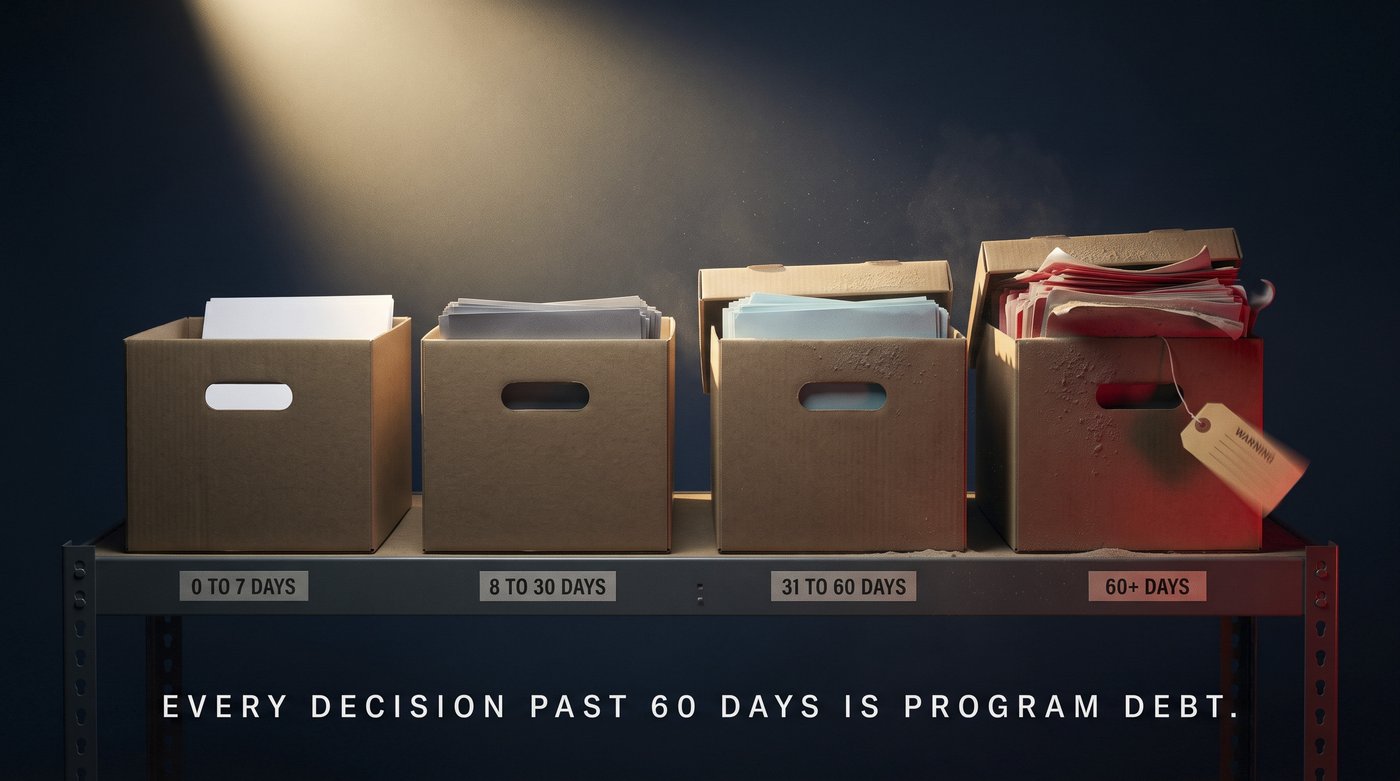 Four archive boxes on a steel shelf aging left to right, from a clean box labeled 0 to 7 days to an overflowing dusty red-lit box labeled 60 plus days with a warning tag. Every decision past 60 days is program debt.