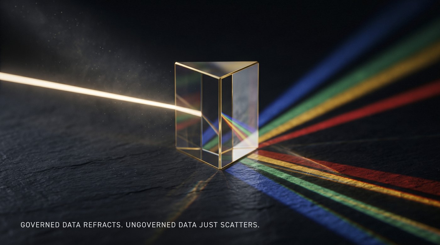 A glass prism on dark slate splitting one warm beam of light into four clean colored bands. Governed data refracts. Ungoverned data just scatters.