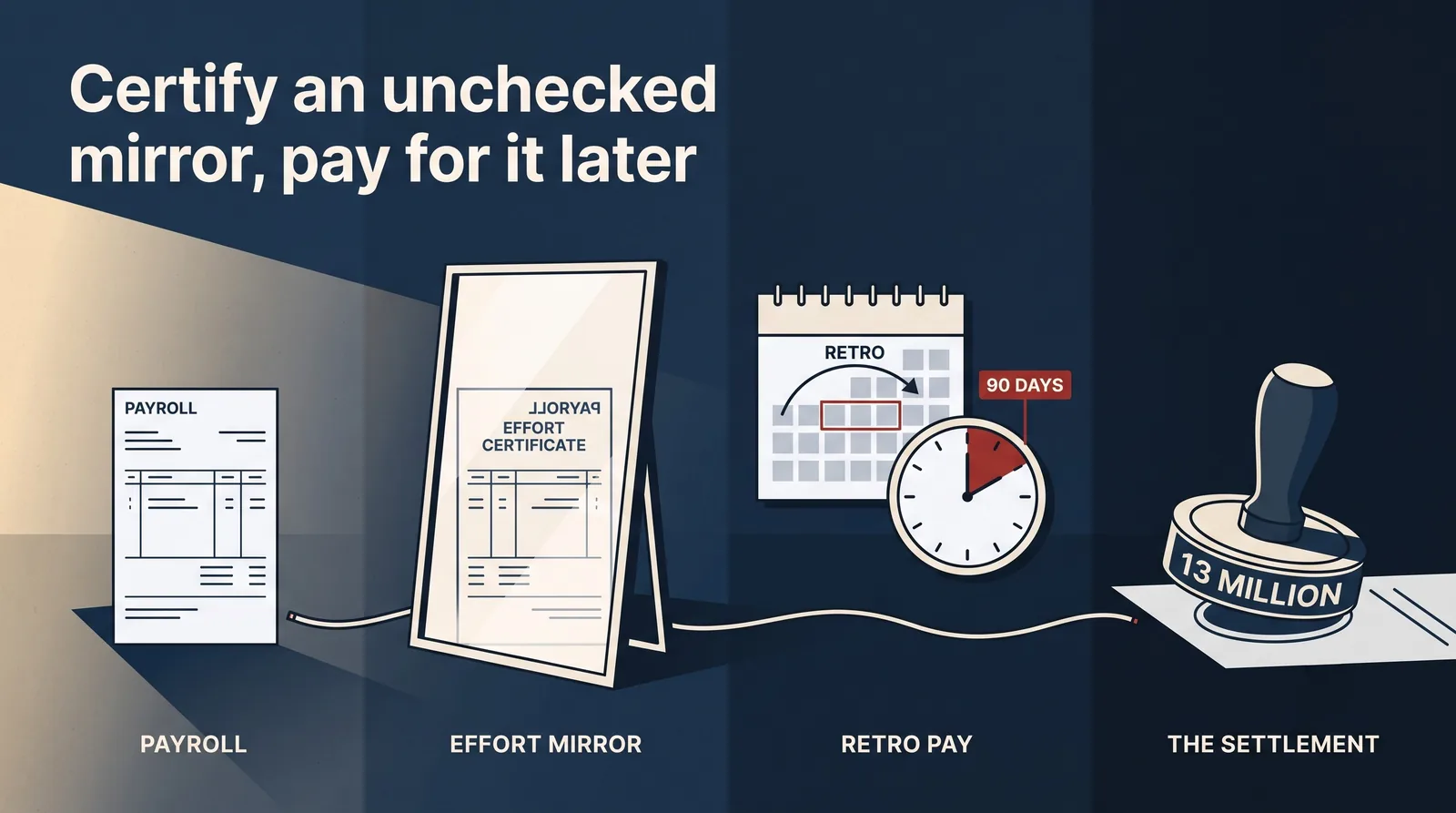 The effort statement is a mirror of payroll: retro pay overshoots to the wrong month, the 90-day cost-transfer clock runs out, and the chain ends at a 13 million dollar settlement stamp