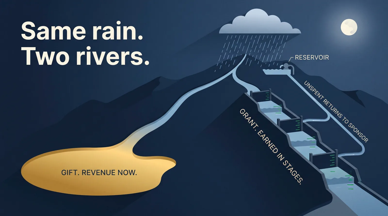Same rain, two rivers: the gift river flows straight into a gold lake, revenue now, while the grant river passes through lock gates, earned in stages, with unspent water returned to the sponsor's reservoir