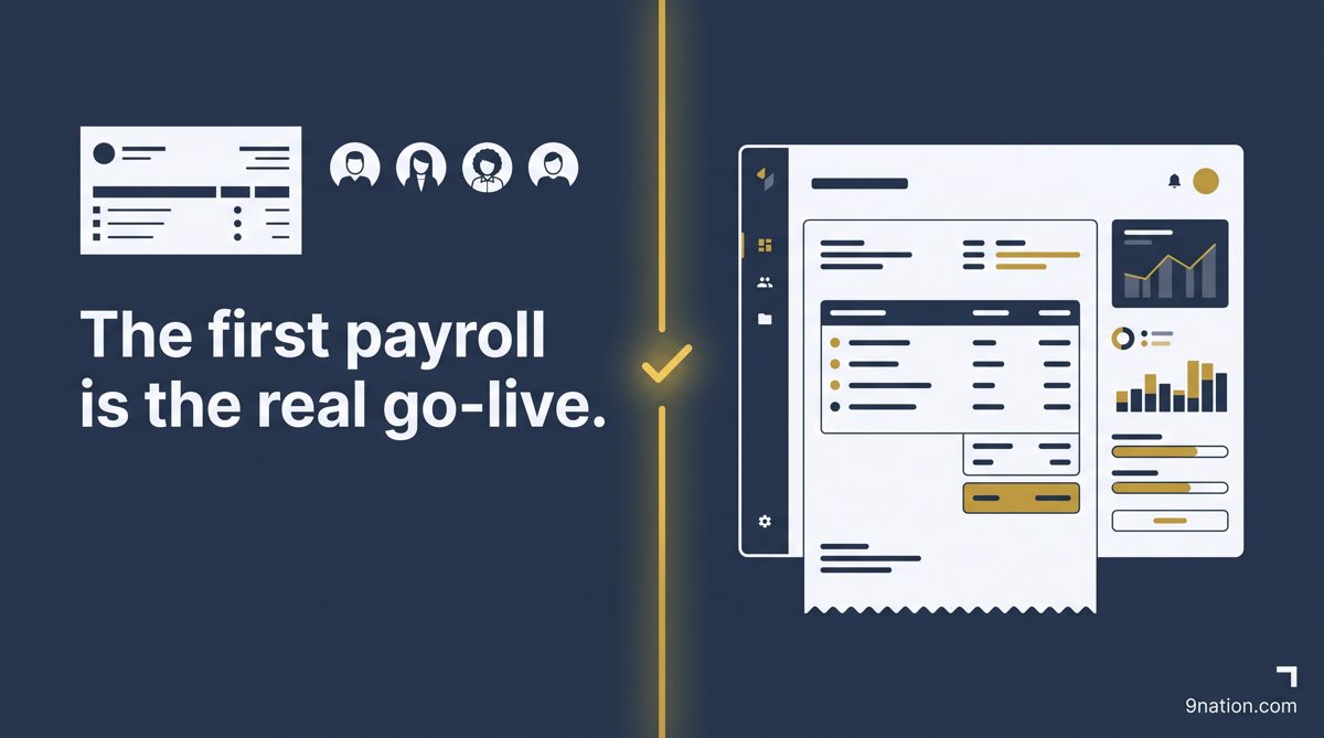 A pay statement and employee avatars crossing a gold seam into a new HR system. The first payroll is the real go-live.