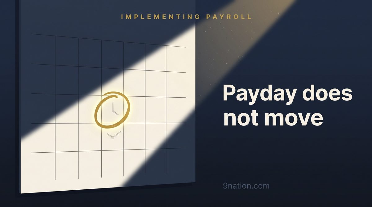 A monumental wall calendar in a shaft of light with one payday circled in glowing gold. Payday does not move.