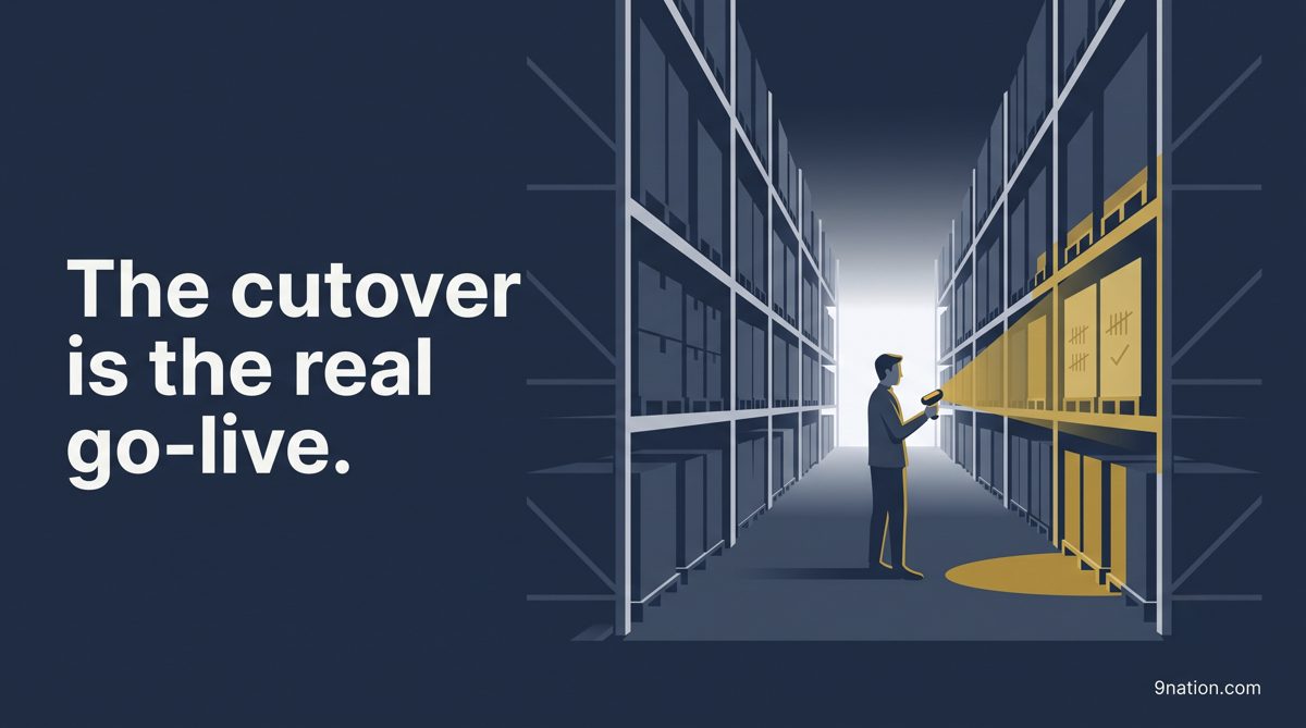 A silent warehouse at night during an inventory freeze; one worker with a glowing gold scanner counts stock down the center aisle. The cutover is the real go-live.