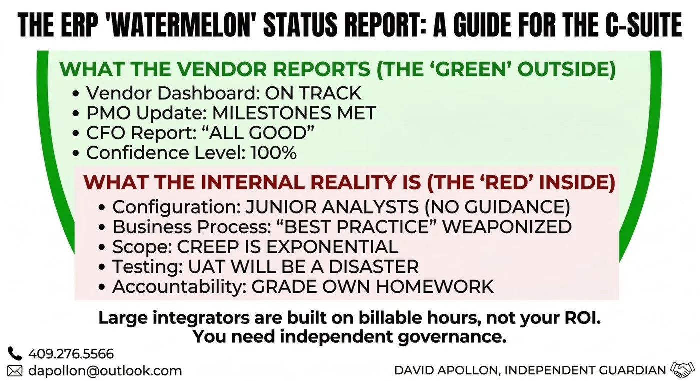 The ERP Watermelon Status Report: green on the outside (what the vendor reports), red on the inside (the internal reality)
